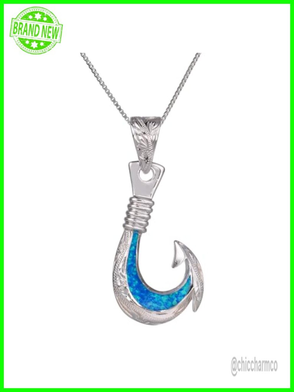 925 Sterling Silver Opal Fishhook Pendant Necklace 18" Box Chain Hypoallergenic